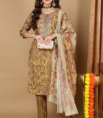 Women yellow printed pure cotton  stiched straight kurta trousers suit set