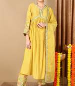 Women yellow printed silk blend stiched anarkali kurta churidar suit set