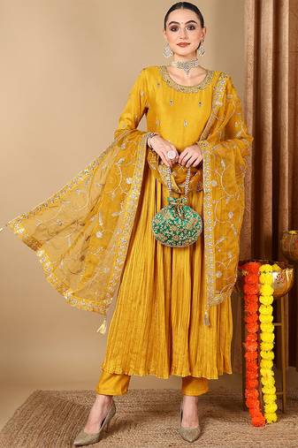 Women yellow printed silk blend stiched anarkali kurta trousers suit set
