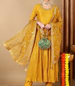 Women yellow printed silk blend stiched anarkali kurta trousers suit set