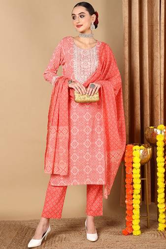Women pink printed pure cotton  stiched straight kurta pant suit set