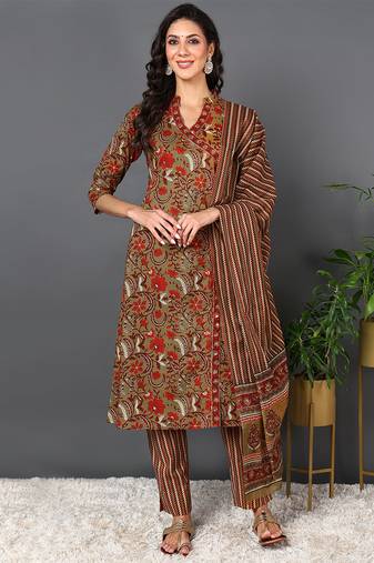 Women brown printed pure cotton  stiched flared kurta churidar suit set