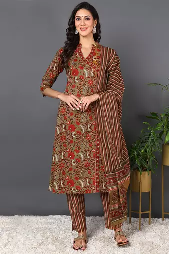 Women brown printed pure cotton  stiched flared kurta churidar suit set