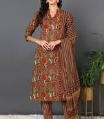 Women brown printed pure cotton  stiched flared kurta churidar suit set