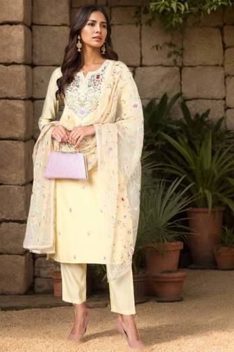 Women yellow printed silk blend stiched straight kurta trousers suit set