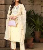 Women yellow printed silk blend stiched straight kurta trousers suit set