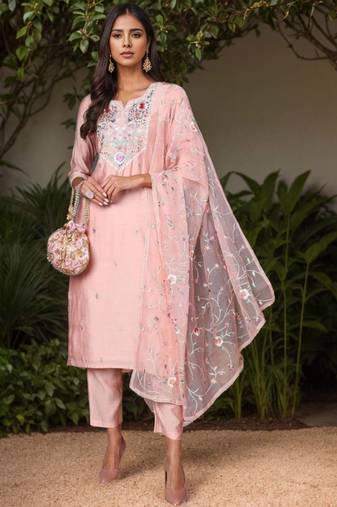 Women pink printed silk blend stiched straight kurta trousers suit set
