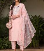 Women pink printed silk blend stiched straight kurta trousers suit set