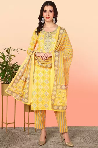 Women yellow printed pure cotton  stiched straight kurta salwar suit set