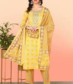 Women yellow printed pure cotton  stiched straight kurta salwar suit set