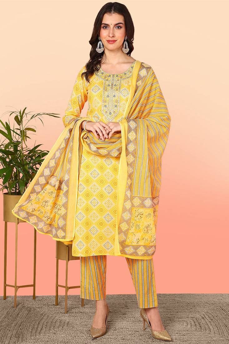 Women yellow printed pure cotton  stiched straight kurta salwar suit set