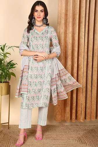 Women green printed pure cotton  stiched straight kurta trousers suit set