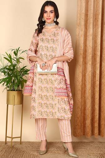 Women pink printed pure cotton  stiched straight kurta pant suit set
