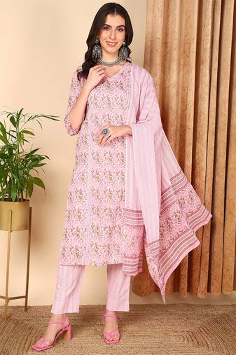 Women pink printed pure cotton  stiched straight kurta salwar suit set
