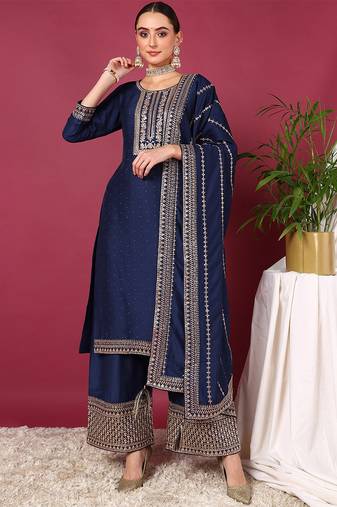 Women blue printed silk blend stiched straight kurta trousers suit set