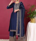 Women blue printed silk blend stiched straight kurta trousers suit set