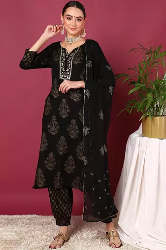 Women black printed rayon stiched straight kurta salwar suit set