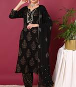 Women black printed rayon stiched straight kurta salwar suit set