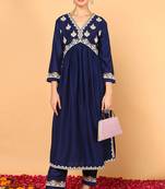 Women blue printed silk blend stiched flared kurta trousers suit set