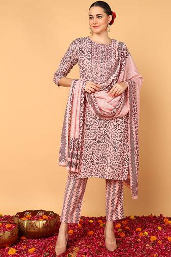 Women pink printed silk blend stiched straight kurta trousers suit set