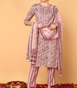 Women pink printed silk blend stiched straight kurta trousers suit set