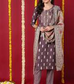 Women brown embroidered silk blend stiched straight kurta trousers suit set