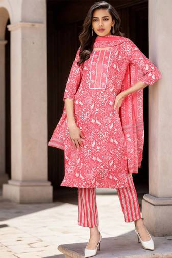 Women pink printed rayon stiched straight kurta trousers suit set