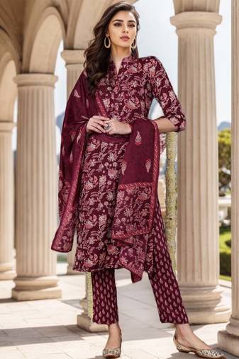 Women red printed rayon stiched straight kurta trousers suit set