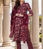 Women red printed rayon stiched straight kurta trousers suit set