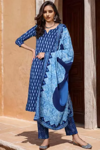 Women blue printed rayon stiched straight kurta skirt suit set