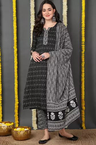 Women black printed rayon stiched straight kurta trousers suit set