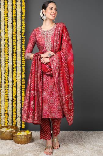 Women red printed poly crepe stiched straight kurta trousers suit set