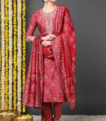 Women red printed poly crepe stiched straight kurta trousers suit set