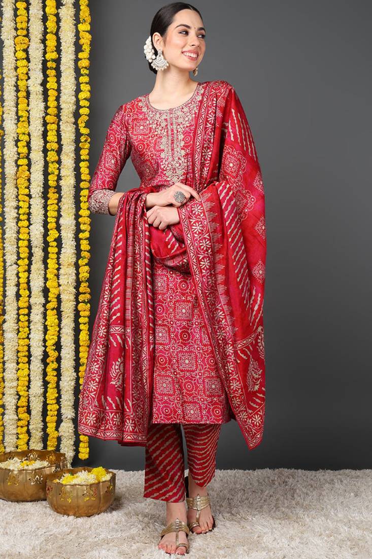 Women red printed poly crepe stiched straight kurta trousers suit set