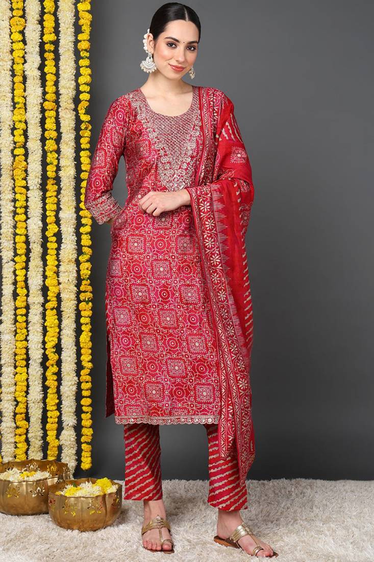 Women red printed silk blend stiched straight kurta palazzo suit set