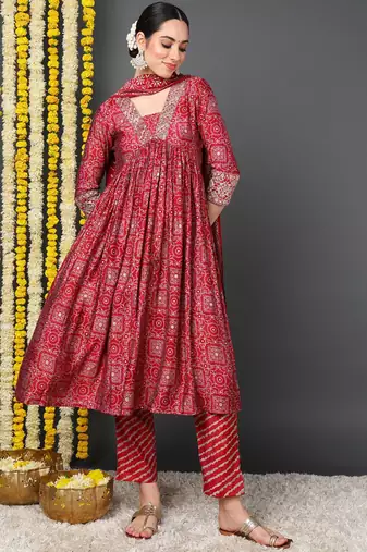 Women red printed polyester stiched flared kurta palazzo suit set