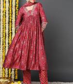 Women red printed polyester stiched flared kurta palazzo suit set