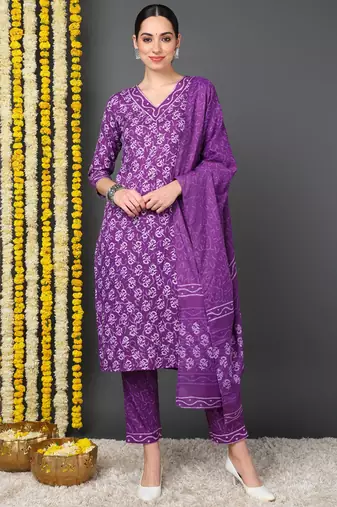 Women purple printed rayon stiched straight kurta trousers suit set