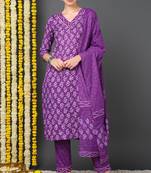 Women purple printed rayon stiched straight kurta trousers suit set