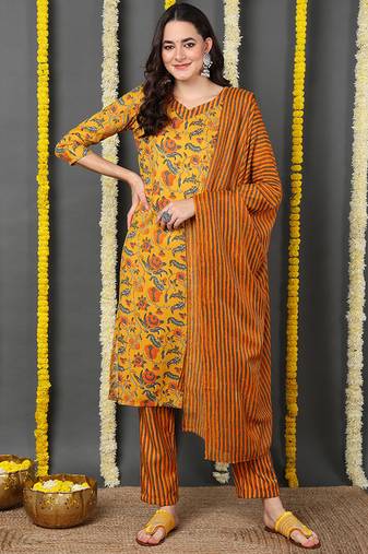 Women yellow printed rayon stiched straight kurta trousers suit set