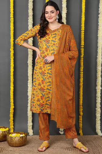 Women yellow printed rayon stiched straight kurta trousers suit set
