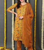 Women yellow printed rayon stiched straight kurta trousers suit set