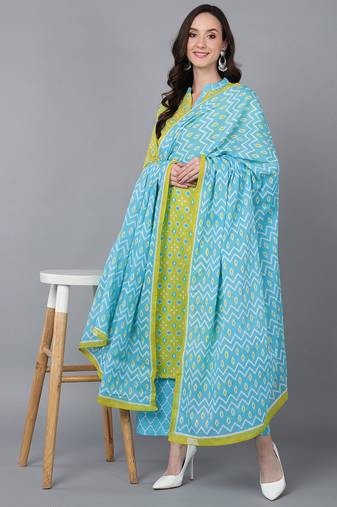 Women green printed rayon stiched flared kurta palazzo suit set