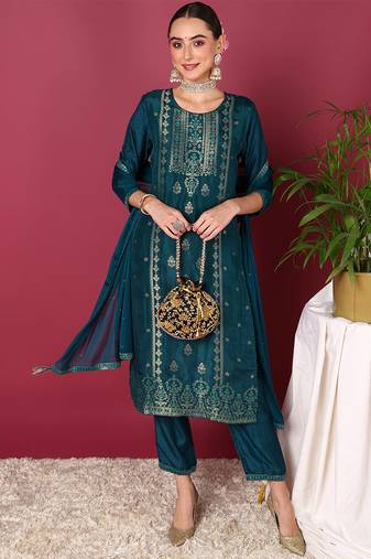 Women green printed silk blend stiched straight kurta trousers suit set