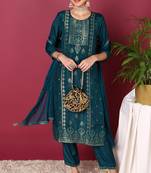 Women green printed silk blend stiched straight kurta trousers suit set