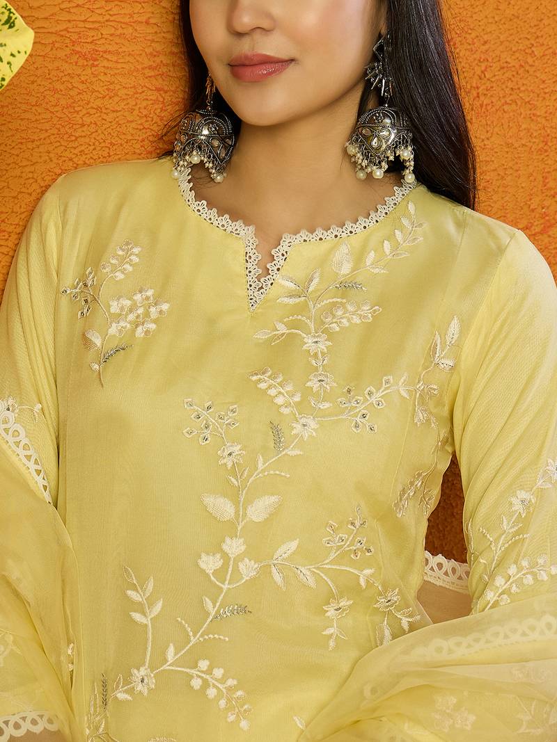 Ahika women yellow organza solid embroidered a-line kurta dhoti pant with dupatta