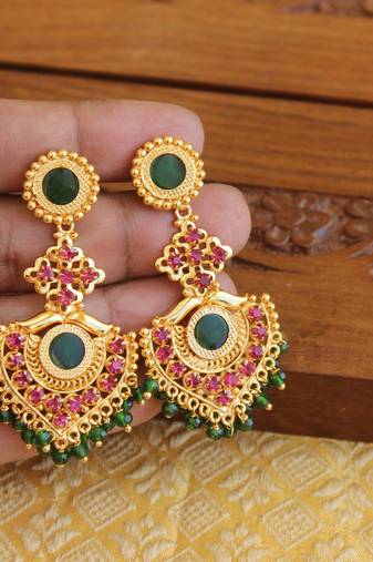 Kerala style gold plated ruby palakka earrings