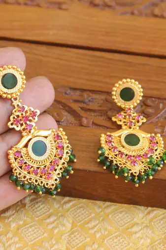 Kerala style gold plated ruby palakka earrings