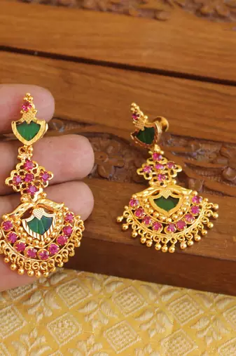 Kerala style gold plated ruby palakka earrings