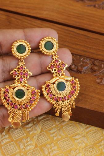 Kerala style gold plated ruby palakka earrings